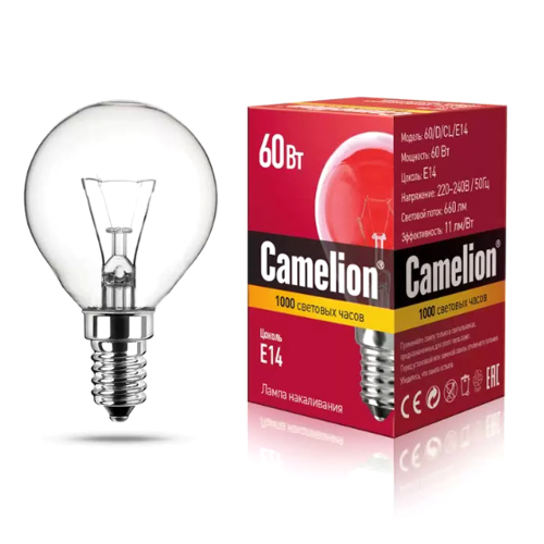 Эл.Лампа Camelion шарик прозр. 60 W Е14 /100/10/